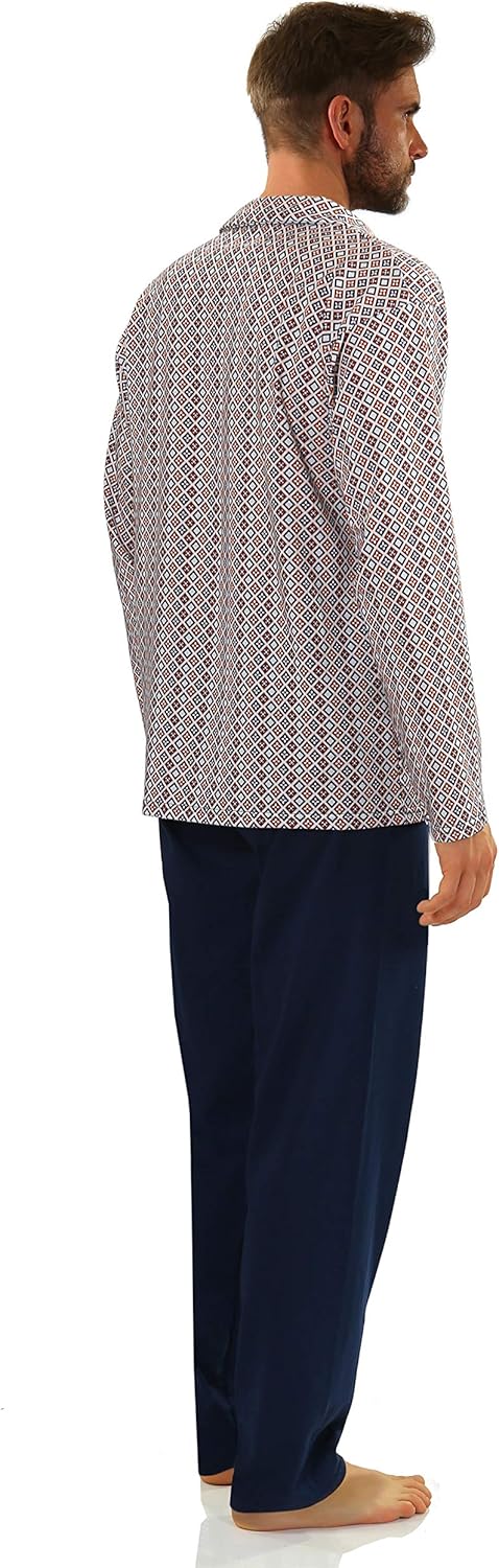 sesto senso Herren Pyjama mit Knopfleiste Lang Baumwolle Schlafanzug Knöpfen M T-shirt - Muster Weis