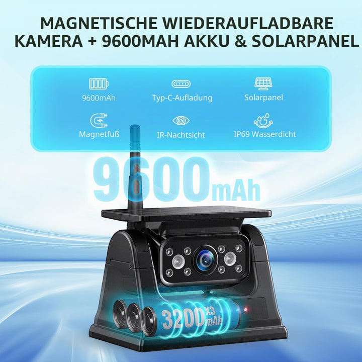 4 Magnetisch Solar Touchscreen Rückfahrkamera Kabellos, HD1080P, 9&