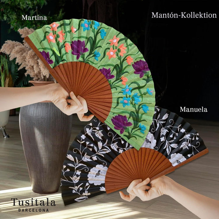 Spanischer Handfächer Candela – Holz und Baumwolle – 23 cm – Jute-Hülle und -Bezug – Modeaccessoire