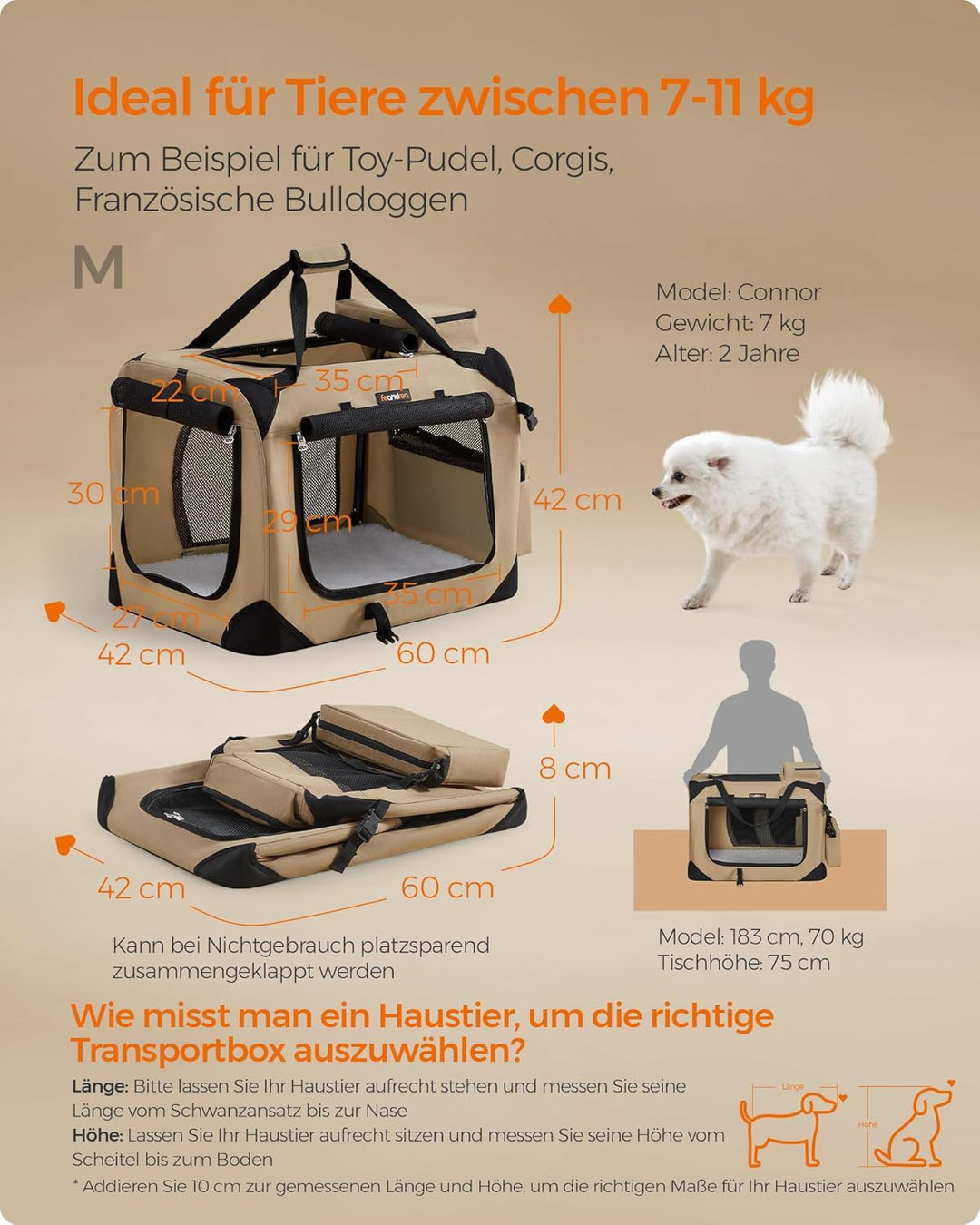 Feandrea Hundebox faltbar, Transportbox Hund, M, Hundetasche, Oxford-Gewebe, Netzstoff, atmungsaktiv