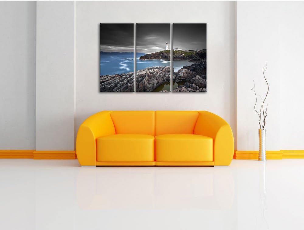 Pixxprint Leuchtturm an traumhaft Meer / 3-Teilig/Gesamtmass 120cm Leinwandbild bespannt auf Holzrah