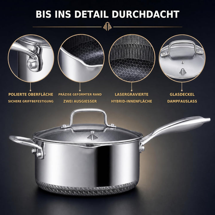 INTIGNIS 22 cm / 3.5 L Antihaft-Kochtopf mit Doppeltgriff und Deckel | Edelstahl | Für Induktion Gas