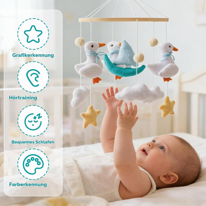Mobile Babybett, Handgefertigt Bambus Filz Mobile mit weissen Enten, Wolken und gelben Sternen, Häng
