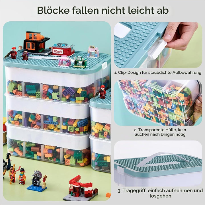 Kinder Aufbewahrungsbox mit Deckel für Lego Bausteine, 3 Stufen Aufbewahrungsboxen für Lego, Stapelb
