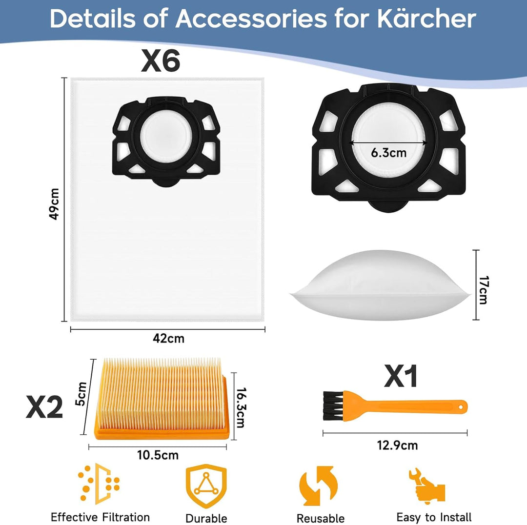 6 Staubsaugerbeutel mit 2 Filter für Kärcher WD6 WD5 WD4 WD5P WD6P MV4 MV5 MV6 Staubsauger KFI 487 u