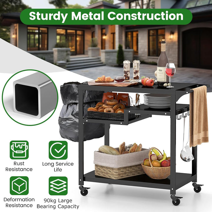 GOPLUS Grillwagen, Grilltisch Outdoor mit Griff, 4 Ablagen, Haken & Rollen, multifunktionaler Pizzat