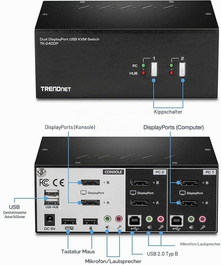 TRENDnet TK-240DP 2-Port-DisplayPort-KVM-Switch mit zwei Monitoren und Audio, 2-Port-USB 2.0-Hub, 4K