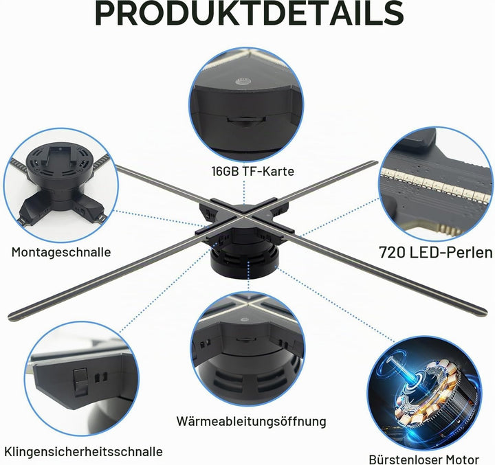 60CM 3D Hologramm Projektor mit WiFi und Bluetooth,3D Hologramm Fan mit 720 LEDs und 2500 cd/m² und