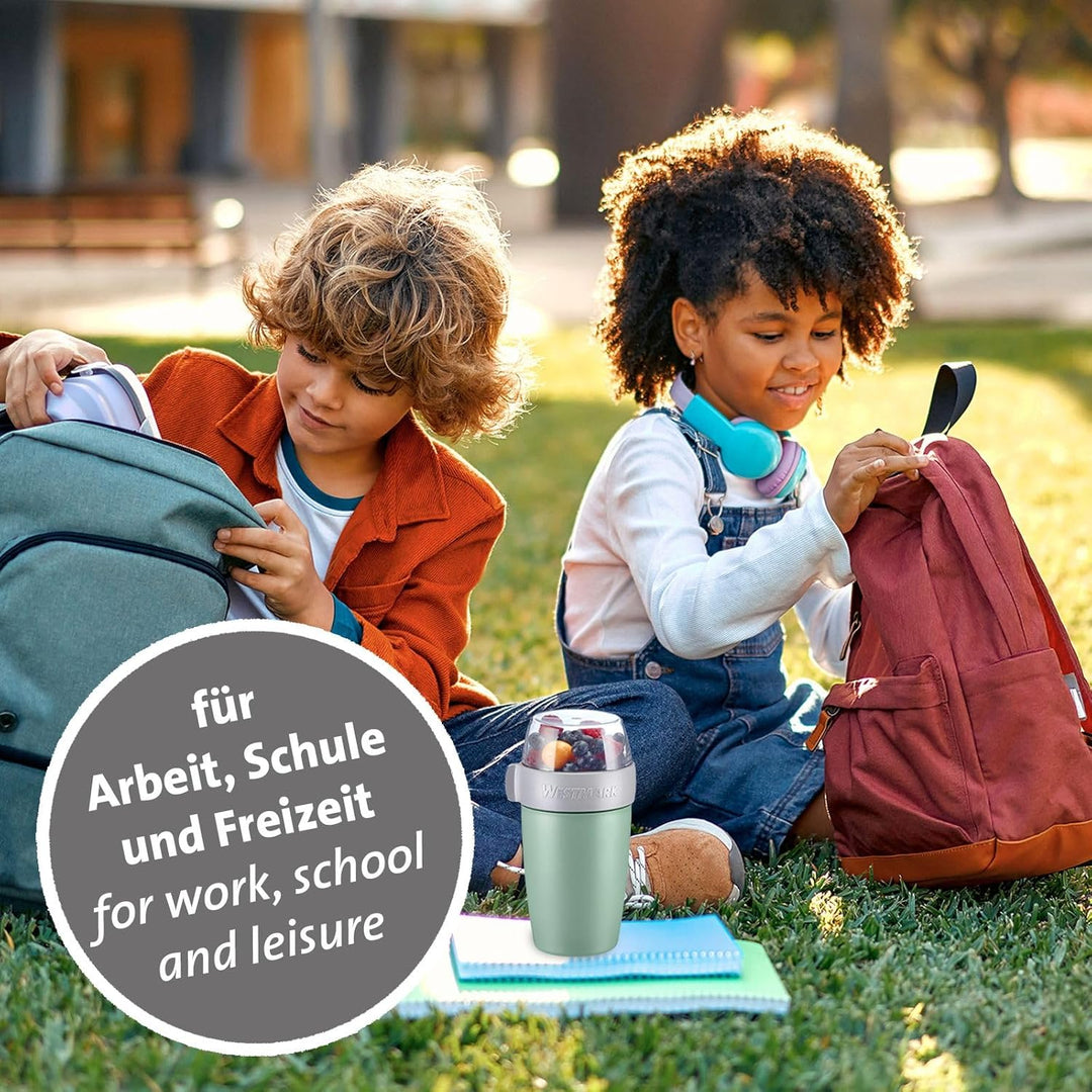 Westmark 2 Müslibecher/Lunchpots – 2 Müslibecher mit je 2 auslaufsicheren Fächern 200 ml + 500 ml, 4