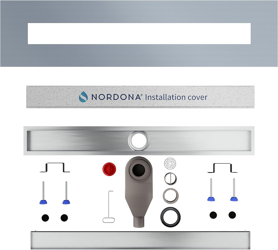 Nordona Edelstahl Duschrinne Complete Basic EXTRAFLACH mit Haarsieb | Abgang Mitte | Länge: 100 cm |