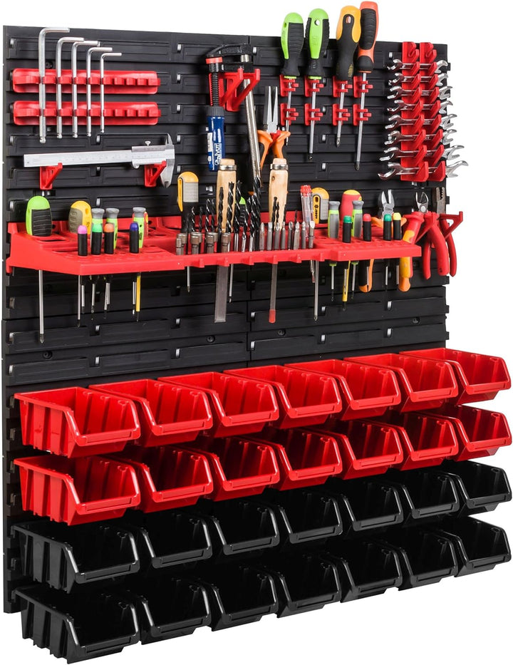 Lagersystem Werkstattregal | 78 x78 cm | 28 stck. Box | Wandregal mit Werkzeughalterungen und Stapel