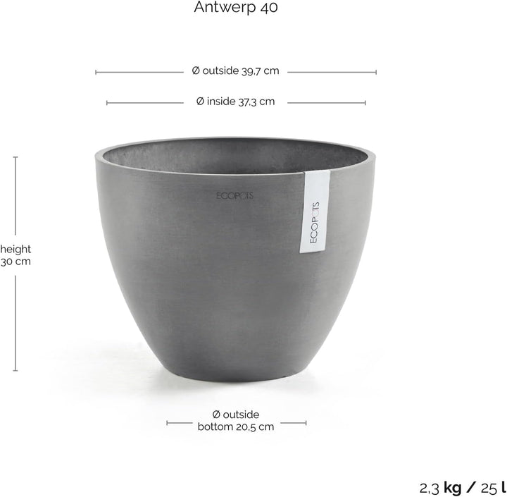 ECOPOTS Blumentopf Antwerp Grau - Durchmesser Ø 40 cm rund gross - Pflanzentopf aus Recycling Kunsts