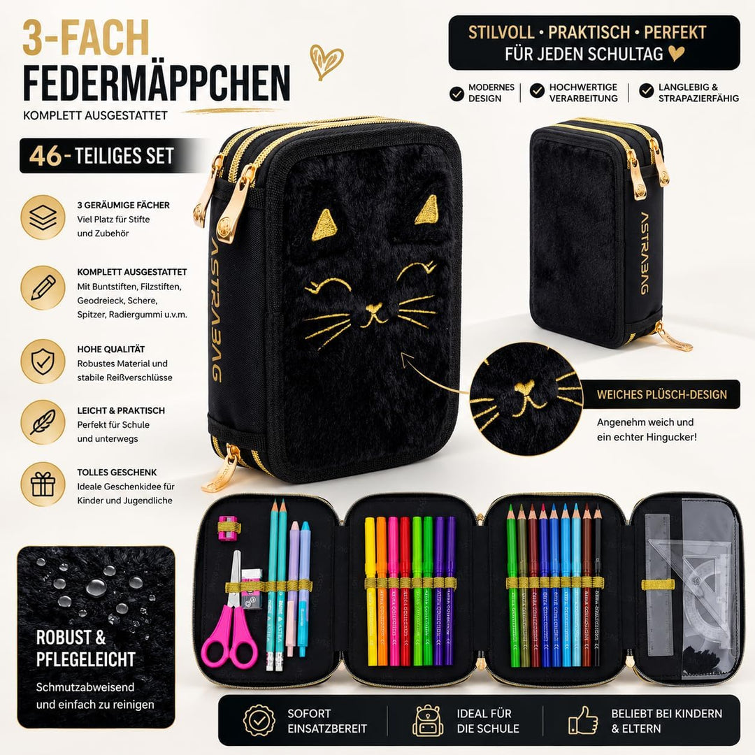 ASTRABAG 3-Fach Mäppchen Federmappe Gefüllt Jumbo Fluffy Kitty Black mit Plüsch und Ohren