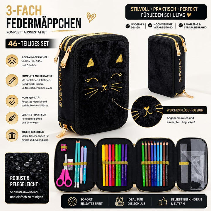 ASTRABAG 3-Fach Mäppchen Federmappe Gefüllt Jumbo Fluffy Kitty Black mit Plüsch und Ohren