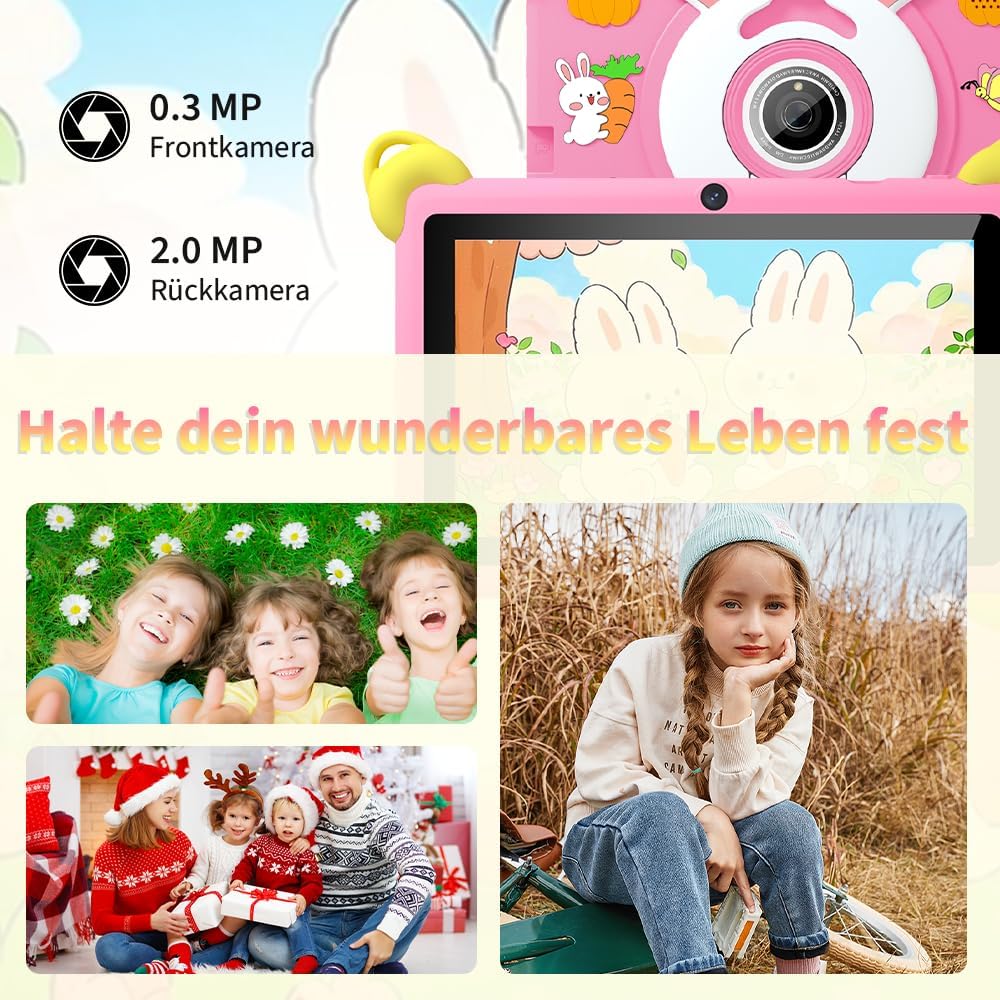 Veidoo 7-Zoll Android Kinder-Tablet, 2+32 GB, Dual-Kameras, stossfeste Hülle, integriertes Hasen-Stä
