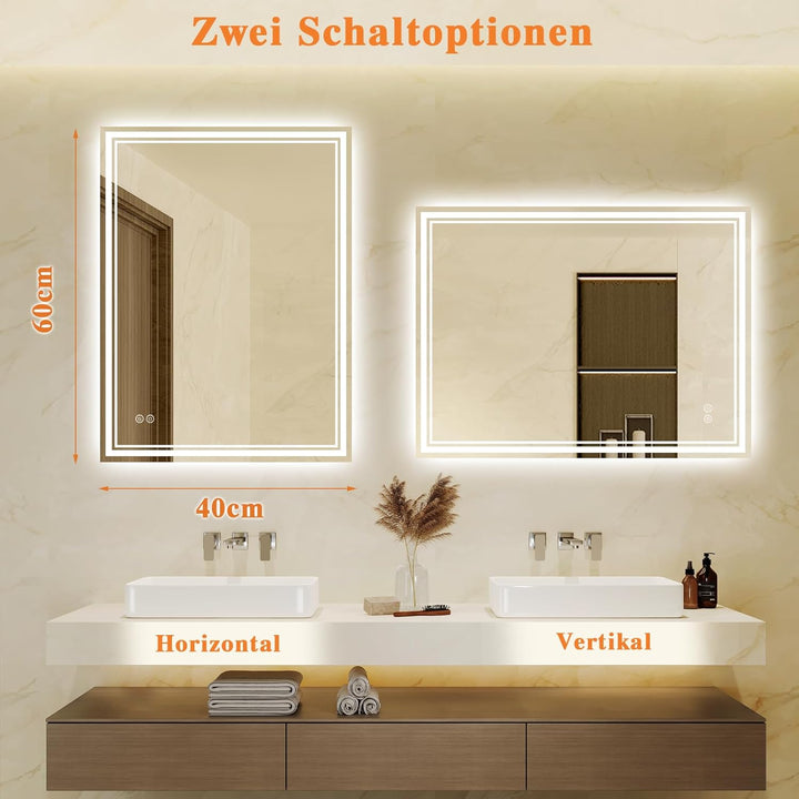Badspiegel-mit-Beleuchtung 40x60cm LED Badezimmer-Spiegel mit Beschlagfrei, Touch-Schalter, 3 Lichtf