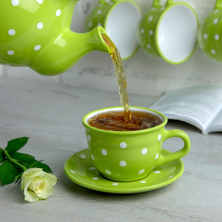 City to Cottage - Keramik Kaffebecher Teetasse 350 ml, Grün und Weiss Polka Dots, Handgemacht Kaffee