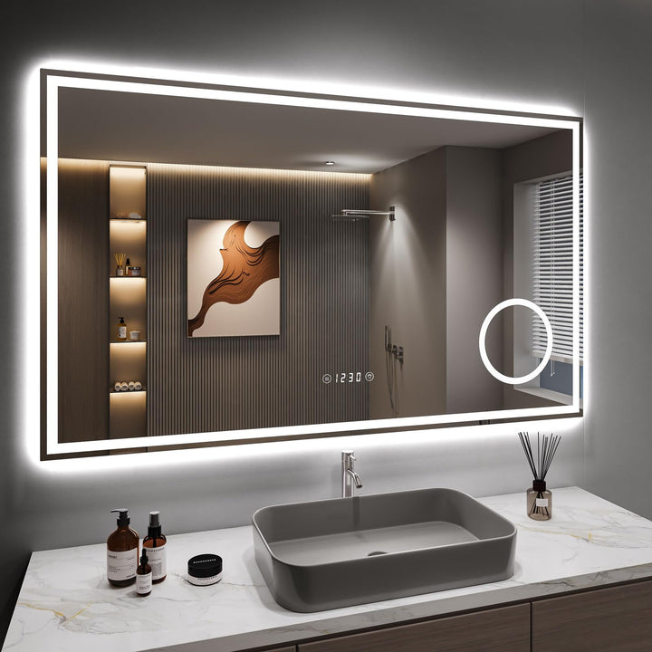 Dripex Badspiegel mit Beleuchtung Led Spiegel mit 3-Fach Schminkspiegel, Uhr und Steckdose, Dimmbar,