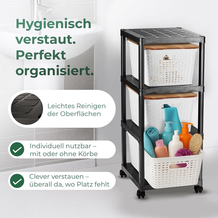 Novaliv 2x Rollwagen 4 Etagen mit 6x Rattankorb & Holz-Deckel, Badezimmer-Regal Badregal Bad Küche,