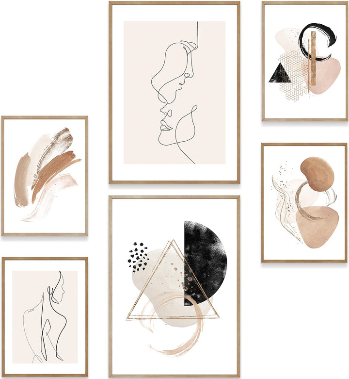 MUUDLY® Poster Set Abstrakt Line Art Beige – 6 moderne Wandbilder (2×A3, 4×A4) – Stilvolle Bilder fü