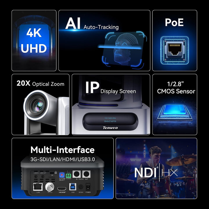 Tenveo PTZ-Kamera mit NDI, AI-Auto-Tracking, 30-Fach optischem Zoom, 3G-SDI, USB 3.0, HDMI, LAN, PoE