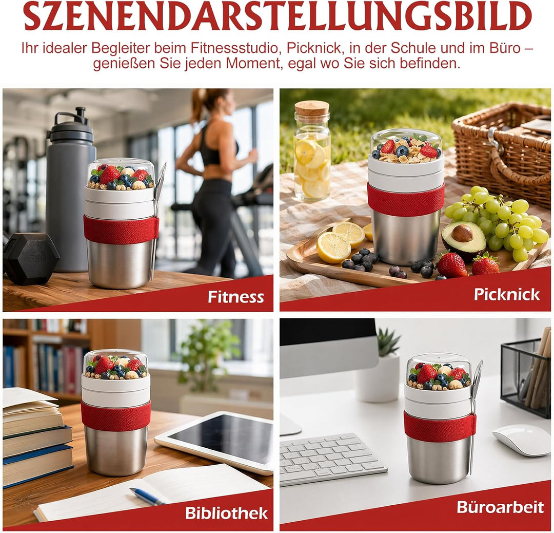 Edelstahl Müslibecher to Go mit Löffel, 500 ml + 220 ml Vakuumisolierter Joghurtbecher to Go Doppelt