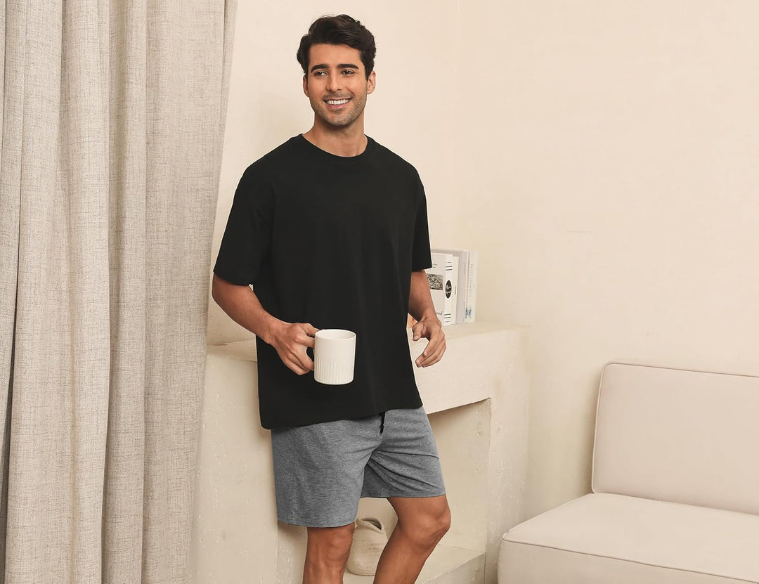 Nieery 2er-Pack Schlafanzughose Herren kurze Baumwolle Sommer PyjamShorts Freizeithose Loungehose mi