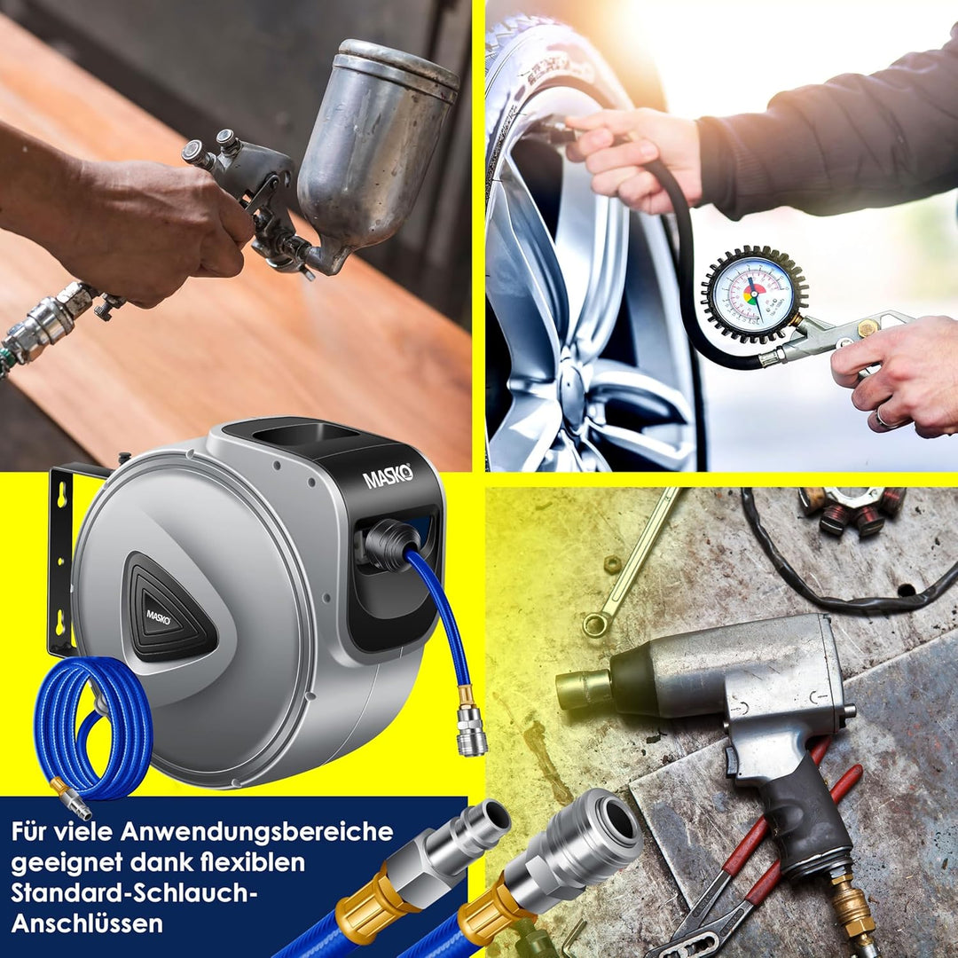 MASKO® Automatik Druckluftschlauch Aufroller 30m – Schlauchtrommel mit 1/4" Anschluss, Schlauchaufro