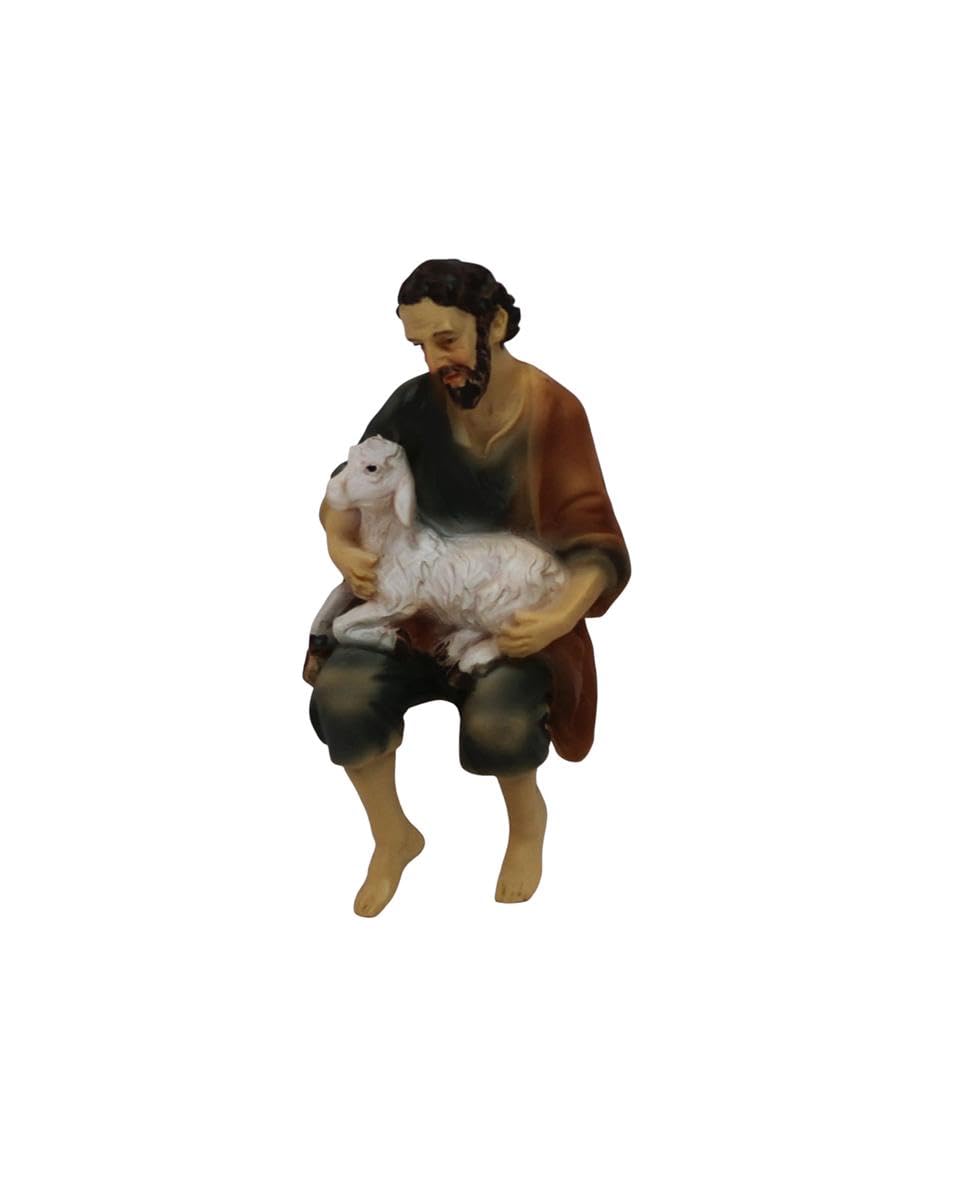 ZICOM Krippenfigur Miniaturfigur Hirte mit Schaf sitzend Höhe 6,8cm handbemalt Polyresin, Modellbau