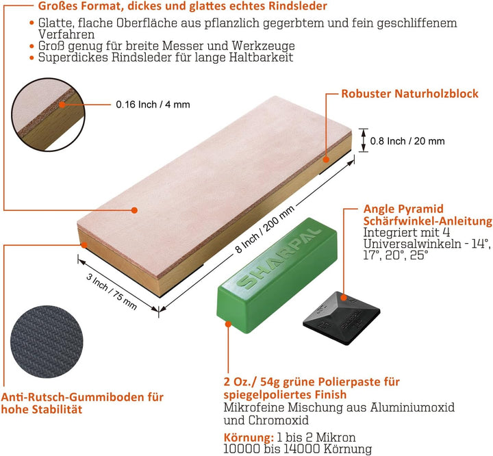 SHARPAL 204N Leder-Streichriemen (200mm x 76mm) Kit mit 55g grün Polierpaste und Winkelführung, Mess