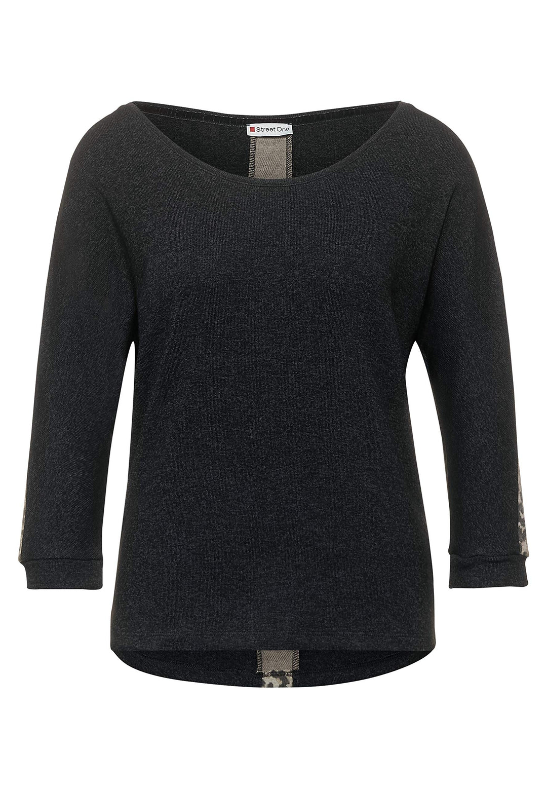 Street One Damen Shirt mit Leo-Details Anthracite Melange 36 Rundhalsausschnit, Flammgarn, 3/4-Arm,