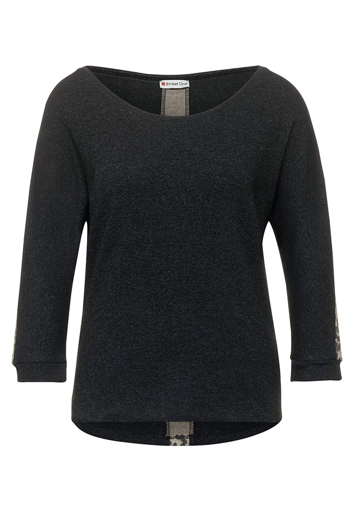 Street One Damen Shirt mit Leo-Details Anthracite Melange 36 Rundhalsausschnit, Flammgarn, 3/4-Arm,