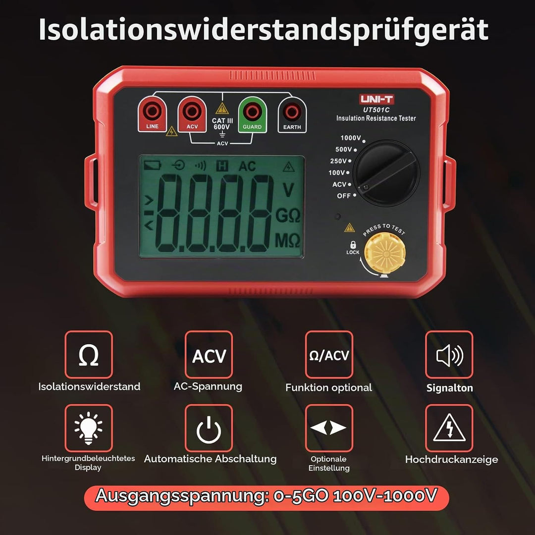 UNI-T UT501C Isolationswiderstandsmessgerät 1000V 5GΩ Isolierung Widerstand Tester, Digitale Megohmm