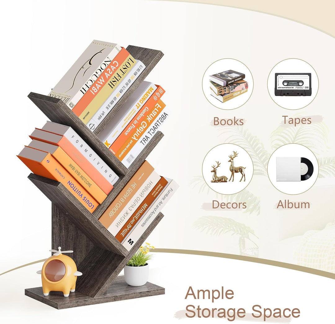 Hoctieon Bücherregal Baumform, Standregal mit 4 Ebenen, Bookshelf Bookcase Holz Eckregal Stehend für