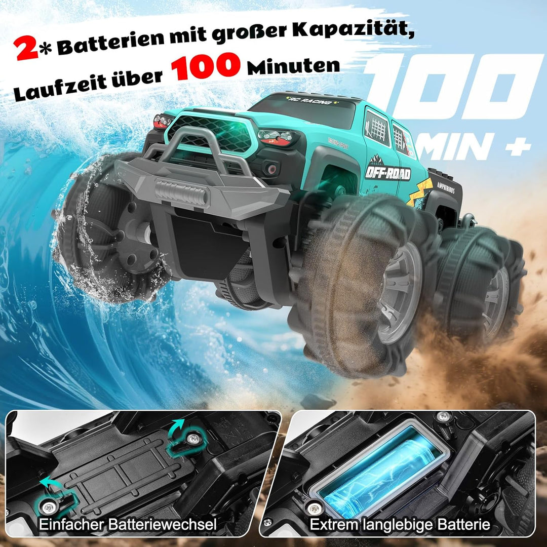 4WD Amphibisches Ferngesteuertes Auto,RC Auto wasserdicht mit Gestensensor,LED Licht & 2 Akkus,Gesch