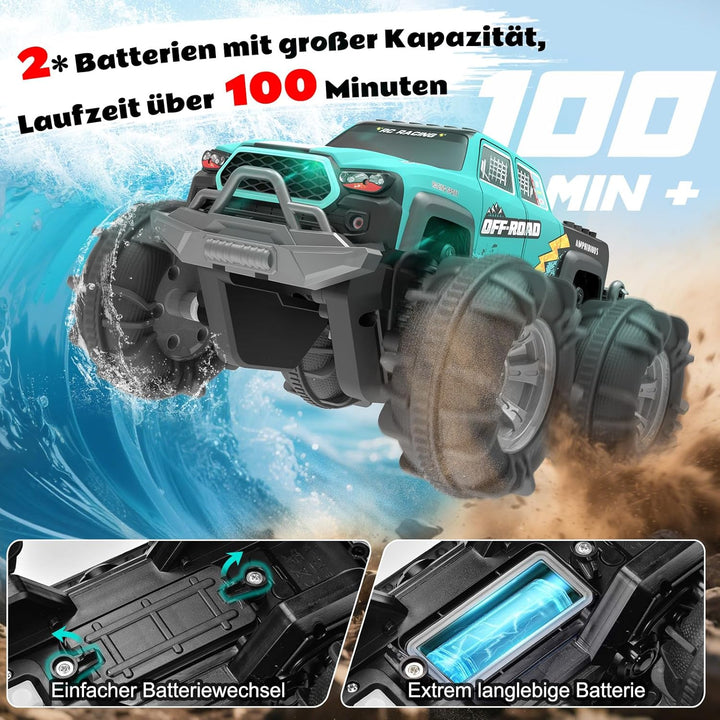 4WD Amphibisches Ferngesteuertes Auto,RC Auto wasserdicht mit Gestensensor,LED Licht & 2 Akkus,Gesch