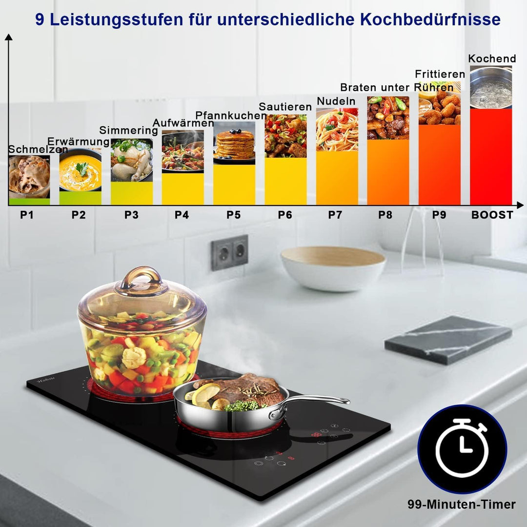 Glaskeramikkochfeld 2 Zonen, Hobsir Einbau Kochfelder 30cm, 3200W, Touch-Steuerung, Doppelte Zone, 9