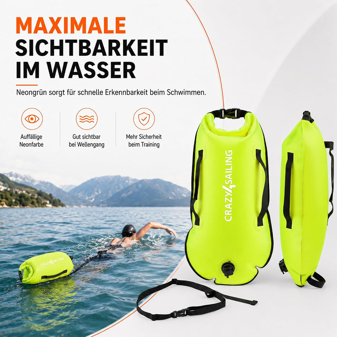 crazy4sailing Schwimmboje Dry Bag, wasserdichter Trockensack & aufblasbare Schwimmhilfe, 36 x 72 cm,