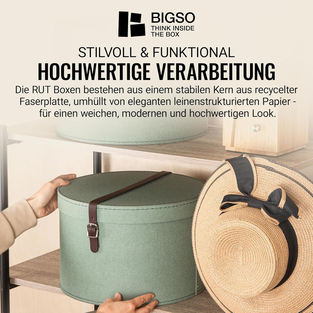 BIGSO RUT 2er-Set Aufbewahrungsbox mit Deckel – runde Ordnungsbox mit Lederriemen – grosse und klein