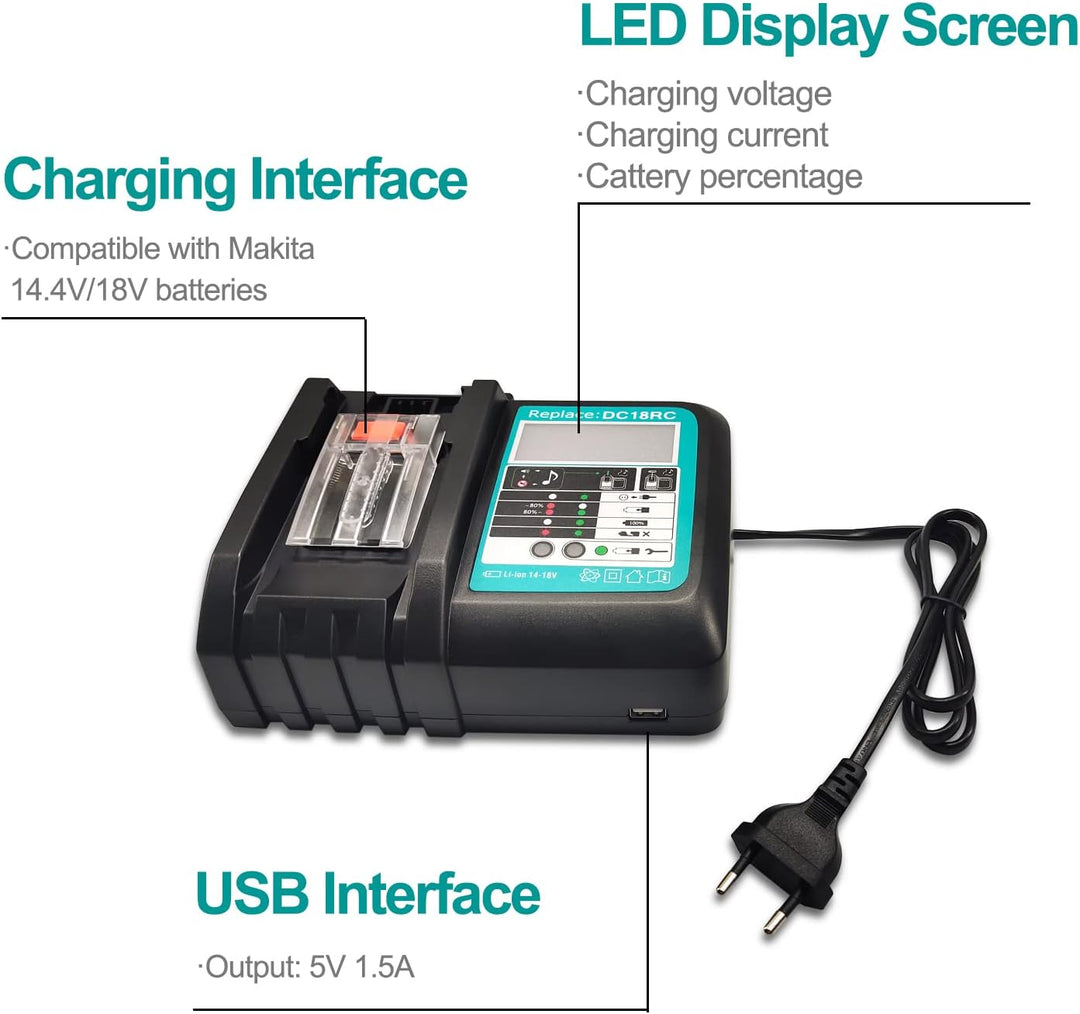 FengWings® BL1850B Akku 18V 5,0Ah mit 3A Ladegerät DC18RC Ersetzen für Makita BL1830 BL1840 BL1850 E