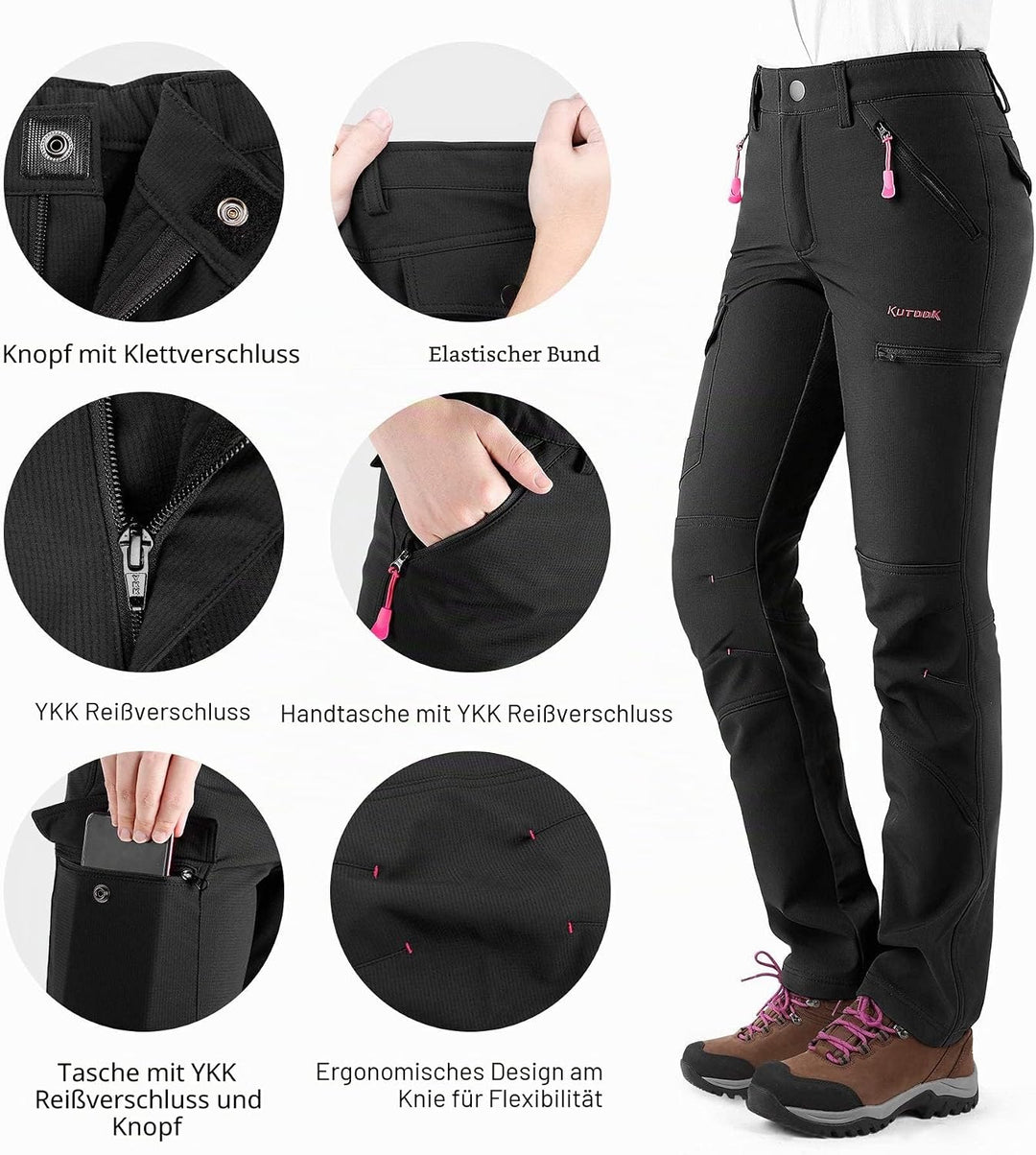 KUTOOK Wanderhose Damen Winter Gefüttert Warm Wasserabweisend Winddicht Outdoorhose 6 Taschen YKK Re