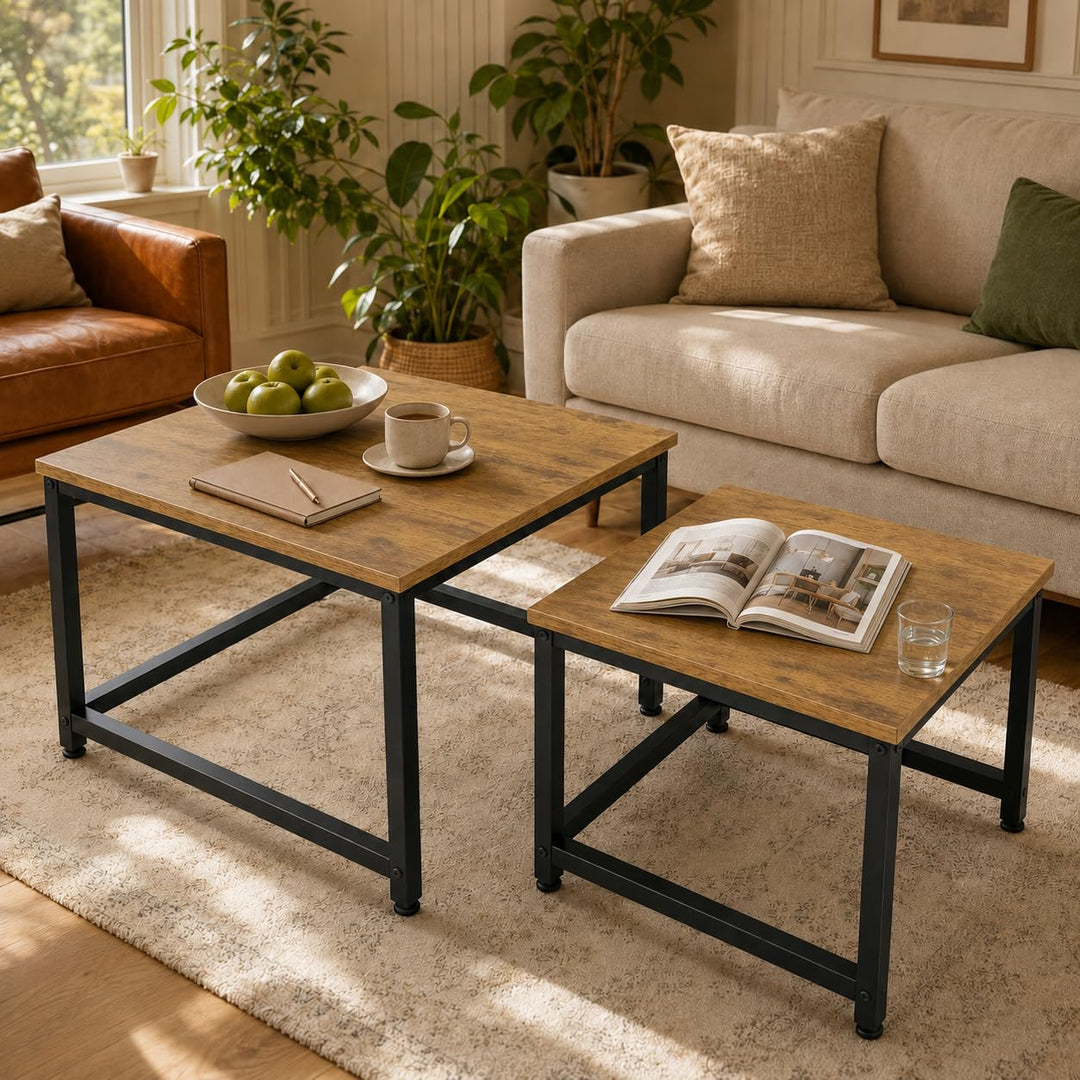 Hawthyhome wohnzimmertisch aus Holz mit Metallrahmen, Quadratisch couchtisch 2er Set &amp; Moderner Beis