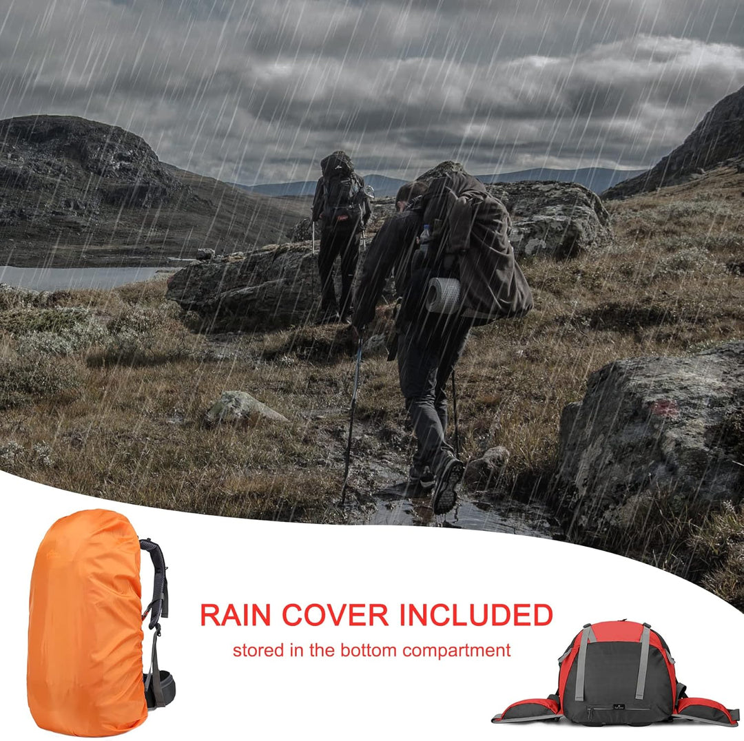 Loowoko 50 l Wanderrucksack, wasserdichte Camping-Essentials-Tasche mit Regenschutz, 45 + 5 Liter le