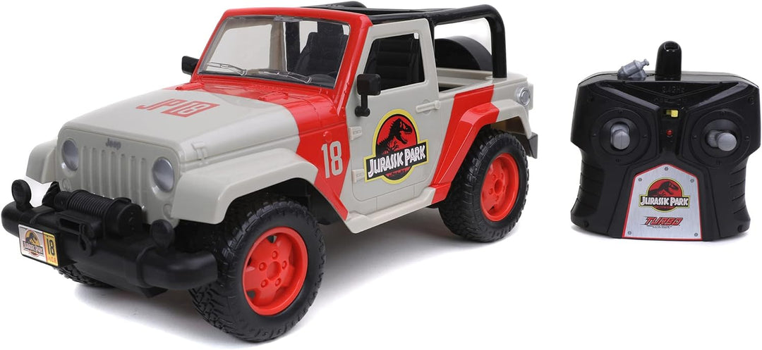 Jada Toys Jurassic Park RC Jeep Wrangler, ferngesteuertes Auto, Dinosaurier, Spielzeugauto mit Ferns