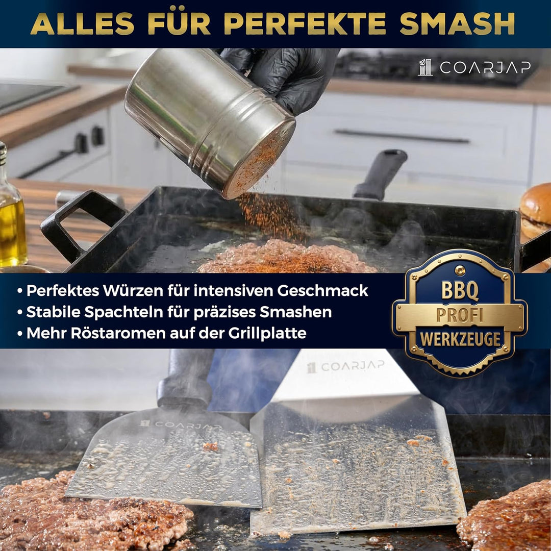 Smash Burger Set Premium 7-teilig – Burgerpresse, Grillspachtel & Scraper, 2 Burgerglocken, Gewürzst
