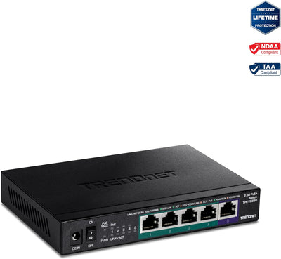 TRENDnet TPE-TG350 5-Port Unmanaged 2.5G PoE+ Switch, Lüfterlos, Kompaktes Desktop-Design, Metallgeh