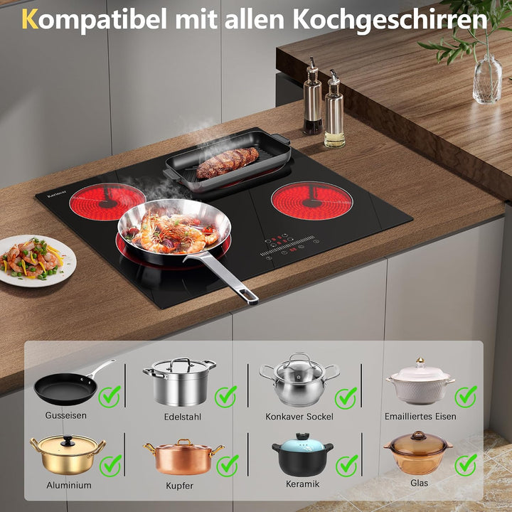 Karinear Glaskeramikkochfeld 4 Platten Einbau mit mit Ovalbrenner, Elektrokochfeld 60 cm mit Slider-