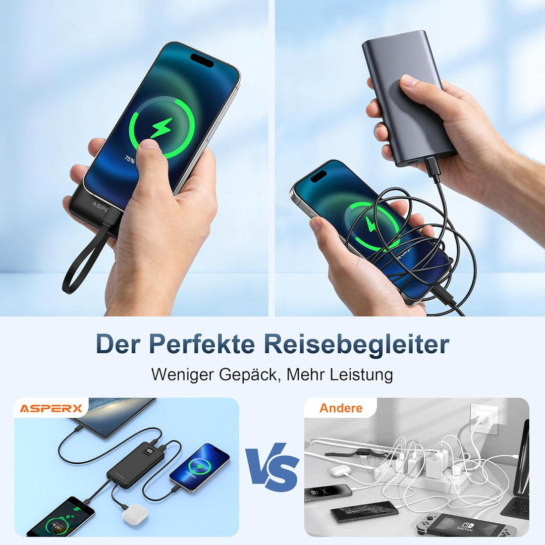 AsperX 2er Powerbank 10000mAh mit USB-C Kabel,4 Ausgängen Schnellladen,Power Bank Klein Aber Stark m