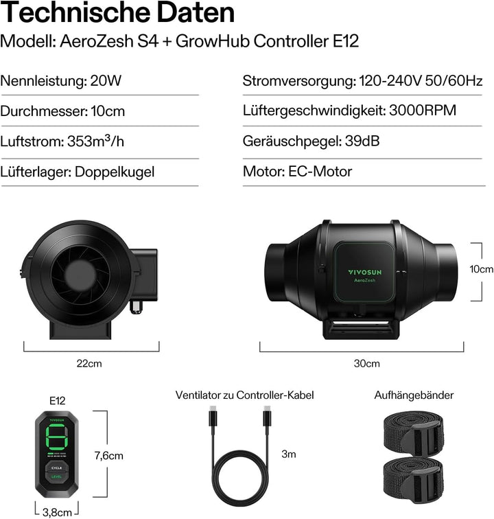 VIVOSUN AeroZesh S4 Rohrventilator 100 mm, 353 m³/h Abluftventilator mit E12-Geschwindigkeitsregler,