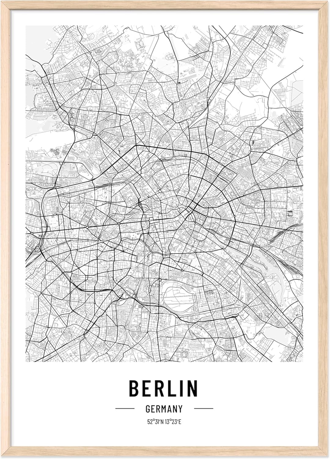 JUNOMI® Berlin Poster XL mit Rahmen Eiche, DIN A2 Wohnzimmer Deko, Modernes Wandbild, Berlin Bild, W